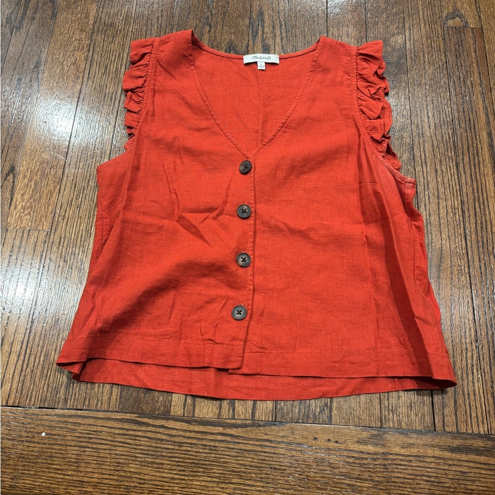 Madewell Rust Red Linen-Blend Button Front Ruffle Sleeve Tank
